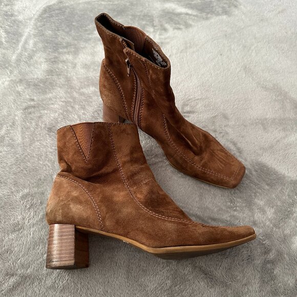 Vintage Nine West Brown Suede Leather Square Toe Ankle Boots Women's 8.5 - Picture 1 of 9